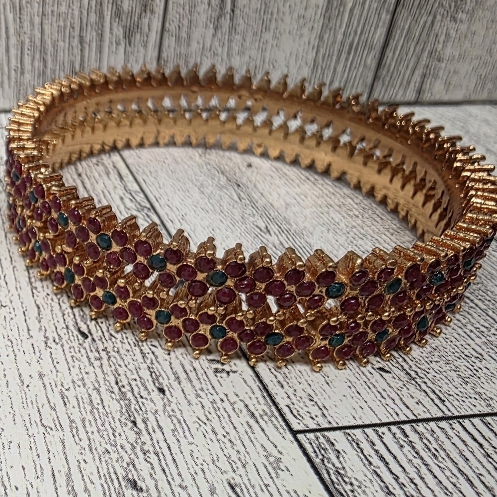 Gold and Red Gemstone Bangle Bracelet